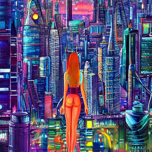 Behold a mesmerizing sight of a young woman amongst a high-tech futuristic cityscape, bursting with vibrant and extreme details." --ar 9:16 , , Trippy