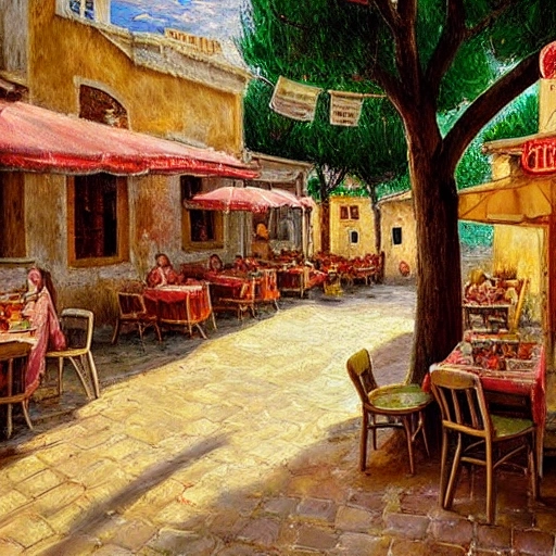 a traditional pizzeria in the street of a small village on the riviera. a terrace in the shade of a hundred - year - old olive tree, a friendly atmosphere around pizzas and rose wine. dolce vita. unreal engine rendering, hyper realist, ultra detailed, oil painting, warm colors, happy, impressionism, da vinci,  style of Garri Bardin --ar 2:3