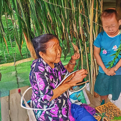 Dragon Boat Festival, dragon boat racing, hanging mugwort and calamus under the eaves. The kind old lady teaches children to wrap palm seeds, Oil Painting