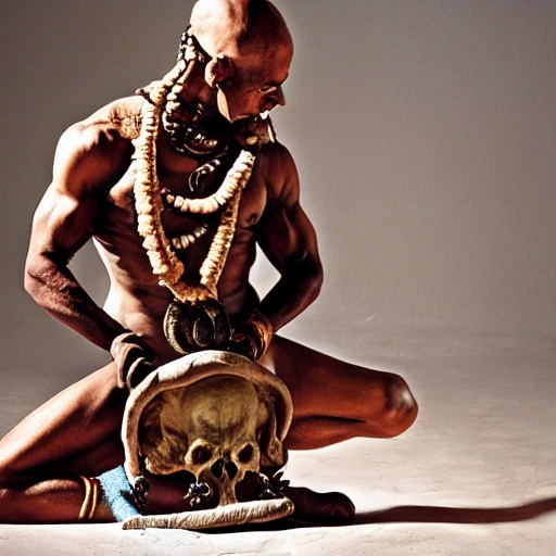 A Dhalsim like man playing skull necklace rides on a white elephant juggernauting kneeler