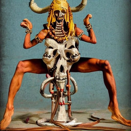 A Dhalsim like man playing skull necklace rides on a white elephant juggernauting kneeler