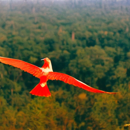 A bird of afternoon flight soars in the sky, and a vast forest can be seen in the distance. The bird's feathers are bright red and gold, its tail flutters in the wind, and the afterglow light shines to a glittering effect. The atmosphere of the whole scene is relaxed and cheerful, full of vitality and sense of freedom. It was shot in Kodak Portra 800 film style, with soft colors and a warm sense of pink and orange tones.