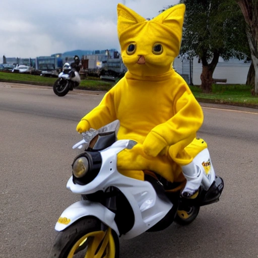 small cat, wearing a yellow takeaway costume,riding a motorcycle

