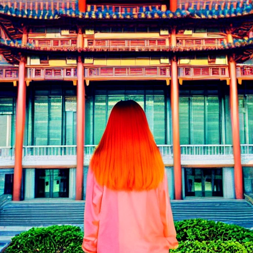 ray tracing,new moon,chinese style architecture,watercolor(medium),cinematic angle,flat color,orange_hair,flipped hair,facing viewer,standing,school uniform,smell
