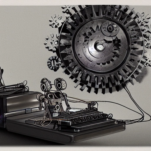 A robot girl with a sleek metal body, sitting on a pile of books and typing on a vintage typewriter, surrounded by gears and wires., 3D