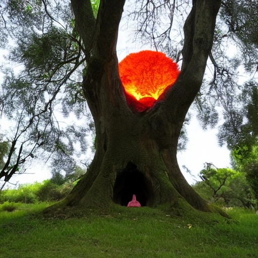 **buda meditando debajo de un árbol en medio del decir con un resplandor emitido de su cer colores naranja, blanco,rojo delicada mente difuminados  con un sombreado envolvente 