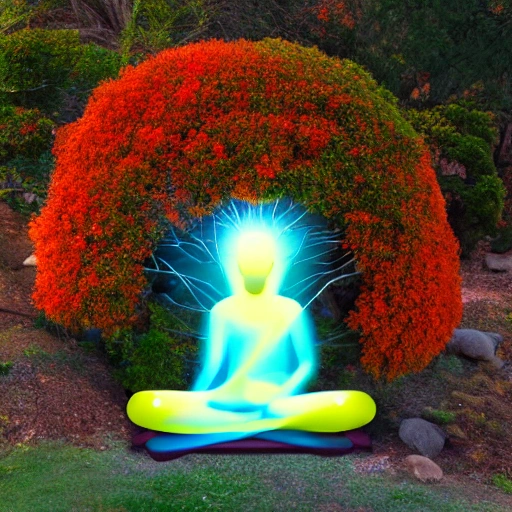 **buda meditando debajo de un árbol en medio del decir con un resplandor emitido de su cer colores naranja, blanco,rojo delicada mente difuminados  con un sombreado envolvente muy detallado  como arte --ar 1:2 --v 5 --v 5 --v 5** 