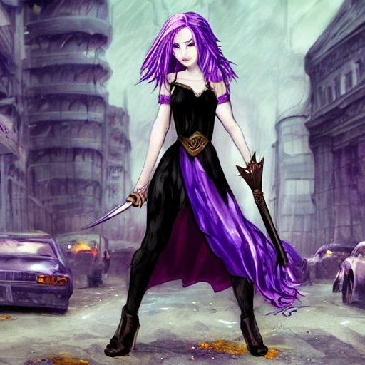 A girl with purple hair and golden eyes in a black dress holds a sword in a deserted city surrounded by broken buildings and cars, the sky It is gray, her expression is firm, the atmosphere is tragic, modifiers: purple, gold, black, sword, barren, broken, gray, firm, tragic, art style: realistic style, quality: HD