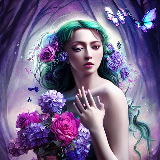  the full body madonne of hydrangea flowers with a white unicorn , photography by romina ressia, bruce weber, hyper realistic, stardust in atmosphere, black and purple rose petals , realistic hair, high quality printing, fine art, ,an anime girl dressed in blue, green, pink, and purple and holding some flowers, in the style of light silver and light azure, meiji art, 32k uhd, baroque exaggeration, villagecore, transfixing marine scenes, translucent overlapping photorealistic black unicorn with swirling mane and tail with pegasus wings fairy with glowing wings and with flowing dress standing in a fantasy forest surrounded by magical fireflies, full body length, hyperdetailed, haunting, magical, painted by artgerm and tom bagshaw and karol bak, rich vibrant and opalescent colors surrounded by butterflies, fireflies, gorgeous flowers, rich vibrant colors, made of dreams in a magical rural enchanted forest stargazing gorgeous rich colors daguerreotype --ar 12:20 --v 5 --s 408 --q 5