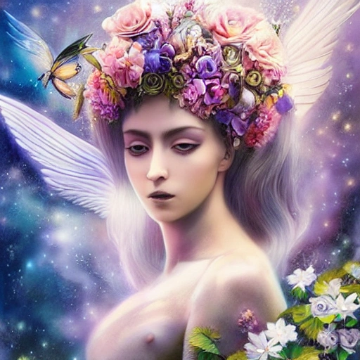  the full body madonne of hydrangea flowers with a white unicorn , photography by romina ressia, bruce weber, hyper realistic, stardust in atmosphere, black and purple rose petals , realistic hair, high quality printing, fine art, ,an anime girl dressed in blue, green, pink, and purple and holding some flowers, in the style of light silver and light azure, meiji art, 32k uhd, baroque exaggeration, villagecore, transfixing marine scenes, translucent overlapping photorealistic black unicorn with swirling mane and tail with pegasus wings fairy with glowing wings and with flowing dress standing in a fantasy forest surrounded by magical fireflies, full body length, hyperdetailed, haunting, magical, painted by artgerm and tom bagshaw and karol bak, rich vibrant and opalescent colors surrounded by butterflies, fireflies, gorgeous flowers, rich vibrant colors, made of dreams in a magical rural enchanted forest stargazing gorgeous rich colors daguerreotype --ar 12:20 --v 5 --s 408 --q 5, Trippy