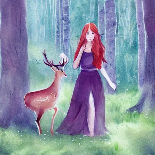 A girl with long golden hair is holding a small deer in her hands, standing in a forest. The atmosphere is peaceful and lovely with a dreamy and delicate touch. The art style is watercolor with soft tones.