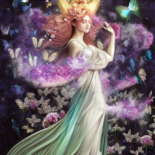 , Trippy, the full body madonne of hydrangea flowers with a white unicorn , photography by romina ressia, bruce weber, hyper realistic, stardust in atmosphere, black and purple rose petals , realistic hair, high quality printing, fine art, ,an anime girl dressed in blue, green, pink, and purple and holding some flowers, in the style of light silver and light azure, meiji art, 32k uhd, baroque exaggeration, villagecore, transfixing marine scenes, translucent overlapping photorealistic black unicorn with swirling mane and tail with pegasus wings fairy with glowing wings and with flowing dress standing in a fantasy forest surrounded by magical fireflies, full body length, hyperdetailed, haunting, magical, painted by artgerm and tom bagshaw and karol bak, rich vibrant and opalescent colors surrounded by butterflies, fireflies, gorgeous flowers, rich vibrant colors, made of dreams in a magical rural enchanted forest stargazing gorgeous rich colors daguerreotype --ar 12:20 --v 5 --s 408 --q 5