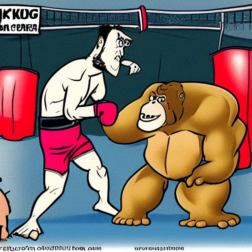 Cartoon，boxer fight with a huge kingkong

