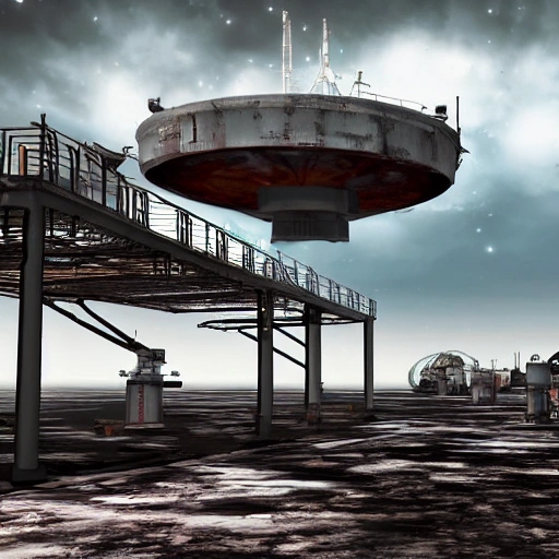 The Refueling Station: Generate an image of an abandoned refueling station, hovering above the turbulent, colorful clouds of a gas giant planet. The station is designed to refuel spacecraft and has large fuel storage tanks connected to a network of pipelines and hoses. The abandoned base is surrounded by a dense, thick mist, and the image should convey a sense of isolation and desolation. The station should feature intricate details such as rusted metal grates, leaking pipes, and discarded equipment.


