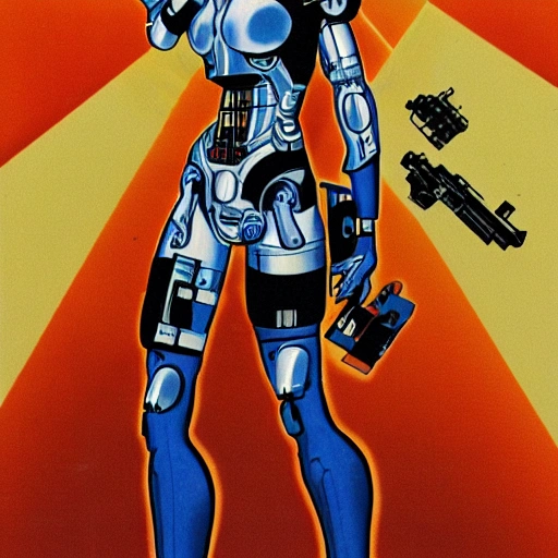 female cyborg，she has strong arms，huge legs，no hands where have two machine gun , Cartoon