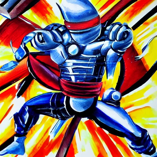 fight cyborg,rocket back,ninja style , 3D, Cartoon, Water Color, Oil Painting