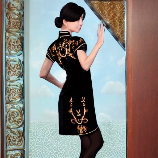 Correct hand structure, super high level, highest quality, masterpiece, CG image quality, super fine detail, hand painted, whole body, a royal sister in black cheongsam standing in the middle of the hotel lobby, black ball head, cheongsam with this gilt pattern, delicate face, delicate features, legs wearing dark purple over the knee stockings, gray feet wearing colored pointy heels, 3D