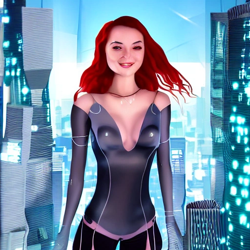 
Behold a mesmerizing sight of a young woman amongst a high-tech futuristic cityscape, bursting with vibrant and extreme details magic smile, 3D