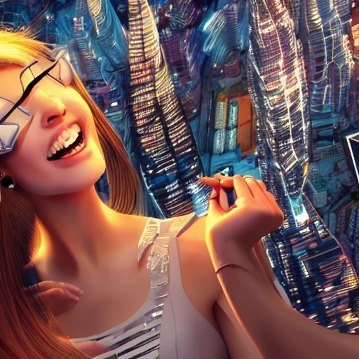 a young woman amongst a high-tech futuristic cityscape, bursting with vibrant and extreme details magic smile beautiful, 3D