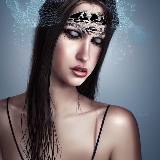 hyper realistic portrait of sexy girl, in a club, having a feather cap, a choker and luxurious necklaces, slender and slim, detailed eyes, coherent symmetrical face, digital art, perfect anatomy, hyper detailed, highly intricate, concept art, award winning photograph, rim lighting, sharp focus, 8k resolution wallpaper, smooth, denoise