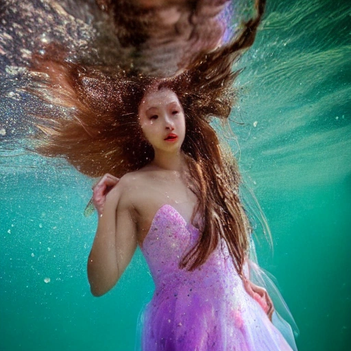 High detail RAW color photo professional, highly detail face: 1.4, a detailed portrait of a woman floating underwater wearing long flowing dress, nymph style, amazing underwater, detailed skin, wet clothes, wet hair, see-through clothes, lens flare, shade, tindal effect, lens flare, backlighting, bokeh