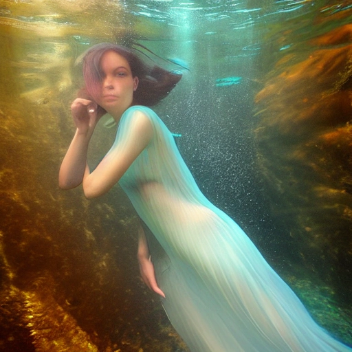 High detail RAW color photo professional, highly detail face: 1.4, a detailed portrait of a woman floating underwater wearing long flowing dress, nymph style, amazing underwater, detailed skin, wet clothes, wet hair, see-through clothes, lens flare, shade, tindal effect, lens flare, backlighting, bokeh
"Scale": 6.5,
"Steps": 50,
"sampler": "DPM-Solver++",
"Generator": "Mochi Diffusion 2.4",
"model_version": "Deliberate_v2_original_512x768",