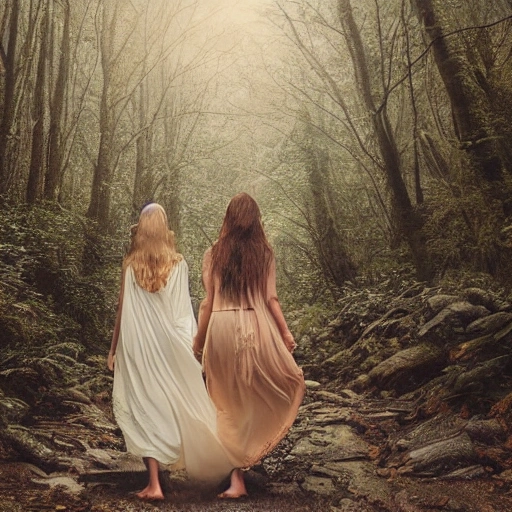 High detail RAW color photo professional, highly detail face: 1.4, a detailed portrait of two woman walking in the forest, very sexy long dress, wet clothes, wet hair, see through cloths, nymph style, detailed skin, perfect medium hair, lens flare, shade, tindal effect, lens flare, backlighting, bokeh, rainy sunny day