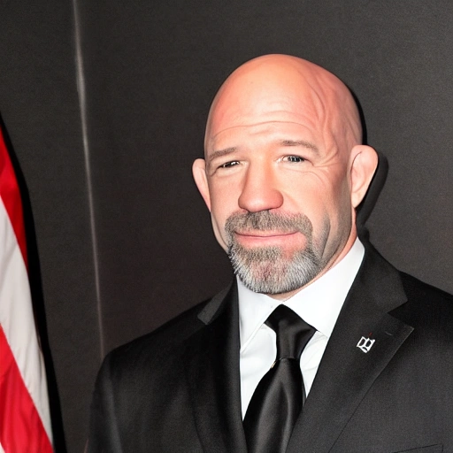 prisident dana white，white people，50 yo，strong arm，muscle，nice black suit，handsome face，brilliant eyes，beautiful ear，with black hair，no mustache，a cool car behind him