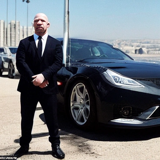 prisident dana white，white people，20 yo，strong arm，muscle，nice black suit，handsome face，brilliant eyes，beautiful ear，no mustaches，a cool car behind him