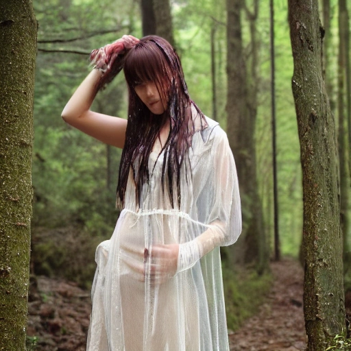 Best quality, highly detailed and realistic , 8k resolution ultra high definition image noise reduction High detail RAW color photo professional, highly detail face: 1.4, a detailed portrait of one woman walking in the forest, very sexy long dress, wet clothes, wet hair, see through cloths, detailed skin, perfect medium hair, shade