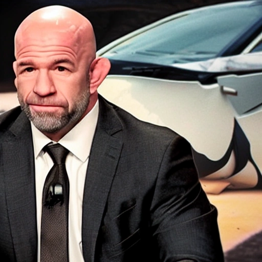 prisident dana white，white people，20 yo，strong arm，muscle，nice black suit，handsome face，brilliant eyes，beautiful ear，looks like a hitman，half neacked，no mustaches，a Lamborghini car behind him, Cartoon