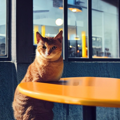 The best image quality, ultra-high clarity, ultra-high resolution, a peaceful afternoon, a lazy orange cat lying on the table in front of a coffee shop facing the sea. Picture details, ultra realistic