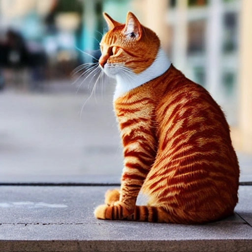 The best image quality, ultra-high clarity, ultra-high resolution, a peaceful afternoon, a lazy orange cat lying on the table in front of a coffee shop facing the sea. Picture details, ultra realistic