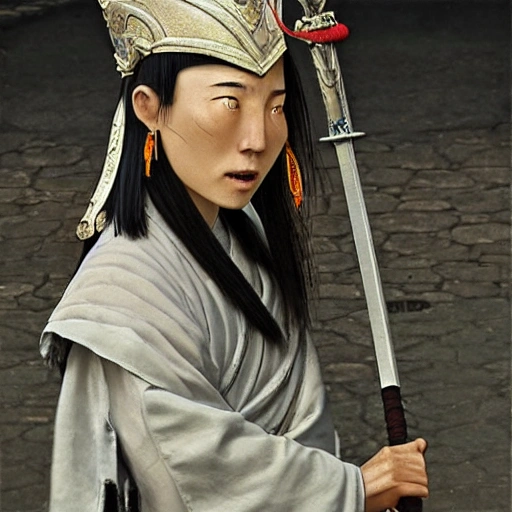 Bai Yuekui stood on the real street, holding her long sword in her hand. Ultra high definition, realistic, detail noise reduction, realistic colors, and clear lines