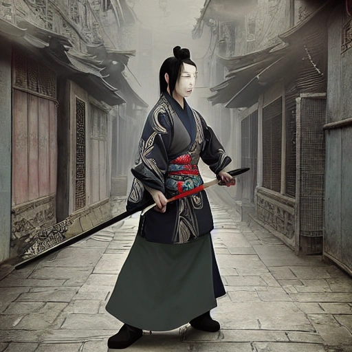 The character Bai Yuekui in the Chinese online animation "Soul Cage" stands on a real street, holding her long sword in her hand. Ultra high definition, realistic, detail noise reduction, realistic colors, and clear lines