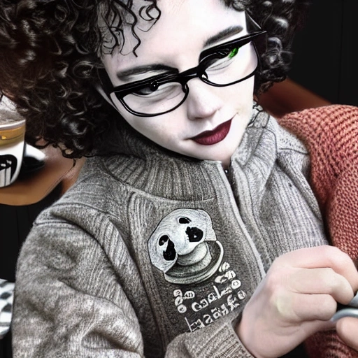 adult, (pale sleep deprived geek girl), (pale), (sleep deprivation), circles under the eyes, panda eyes,  ((curly hair,))  wearing glasses and sweater dress, perfect face, ((detailed eyes)),  (( detailed pupils)),  slightly muscular,  fit,  full body shot,  sitting in a cafe, intricate,  detailed, (line art), insanely high res, 8K, HD, ((WLOP)), rossdraws, artgerm, (((vivid colors))), Chaïm Soutine,, Felix Octavius Carr Darley