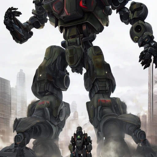 a giant robot standing in the middle of a city, cgsociety contest winner, soldiers and mech fight, detailed 4k render, zoids art, portrait of a mech