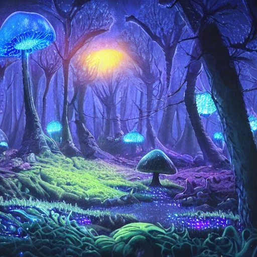 concept art painting of a fantasy alien fungal landscape at night, with glowing blue lights, glowing blue mushrooms, dark purple sky, realistic, detailed, cel shaded, Trippy