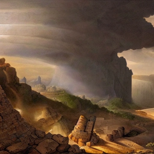 paysage désertique avec un immense tour de Babel dans la brume entouré de végétations luxuriantes et apocalyptique , 3D