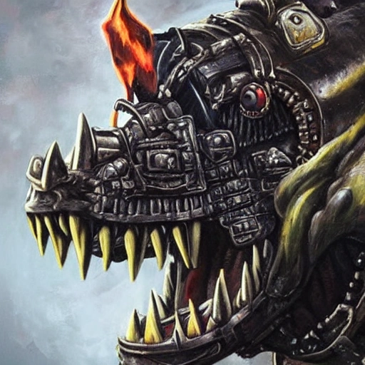 close - up portrait of a fearsome 
 Warhammer 40,000 Space Ork Sector Warboss . Frightening , Fangs and tusks , massive square jaw with underbite , cybernetic eye , smoking lit cigar , Heavy and crude industrial sci - fi armour , brutal weapons, 3D