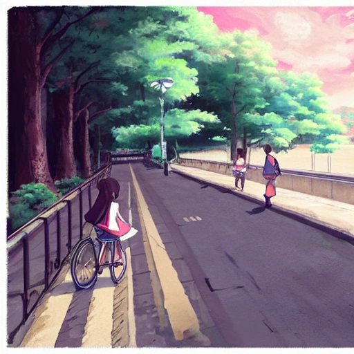 Makoto Shinkai's painting style, a Japanese high school girl is returning home after school, pushing a bicycle on the road by the river.