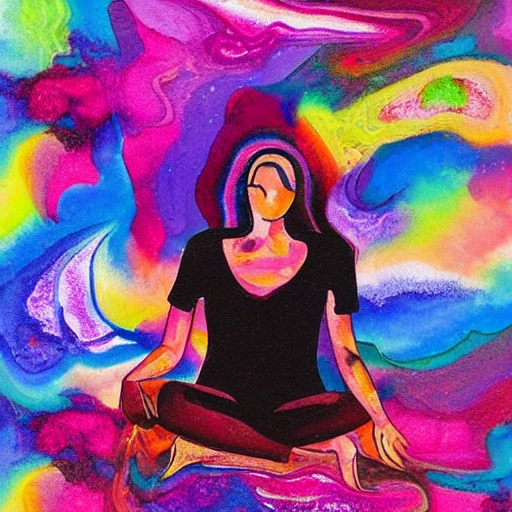 woman sitting on earth, swirl of colors