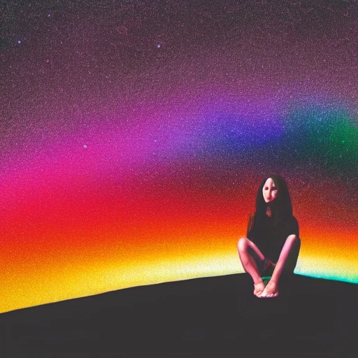 woman sitting on earth, swirl of colors, Trippy