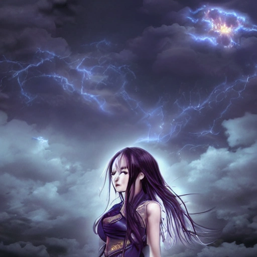 best quality, masterpiece,highly detailed,semi-realistic,1girl,upper body,raiden shogun,(ulzzang-6500-v1.1:0.5),large breasts,perfect face,glowing eyes,long hair,purple hair,hair ornament,lightning in sky,night sky,ancient building in background,depth of field,looking at viewer,