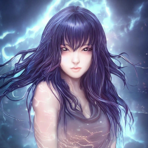 best quality, masterpiece,highly detailed,semi-realistic,1girl,upper body,raiden shogun,(ulzzang-6500-v1.1:0.5),large breasts,perfect face,glowing eyes,long hair,purple hair,hair ornament,lightning in sky,night sky,ancient building in background,depth of field,looking at viewer,