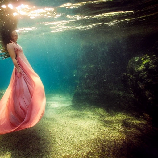 High detail RAW color photo professional, highly detail face: 1.4, a detailed portrait of a woman floating underwater wearing long flowing dress, nymph style, amazing underwater, detailed skin, wet clothes, wet hair, see-through clothes, lens flare, shade, tindal effect, lens flare, backlighting, bokeh