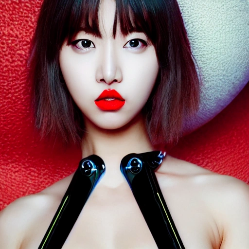 (1girl), (full body), (futuristic sci-fi bodysuit), (big naked boobs), Beautiful Korean woman, kpop idol, (Cute Loose Bob hairstyle), symmetrical eyes, realistic, sharp focus, HD, highly detailed, intricate, photography, hyperrealism, hyperrealistic, film, studio portrait, detail, dramatic lighting, (red lips), (toned stomach)