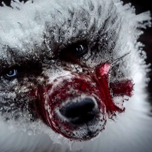 The frigid Arctic
- A cloud of mist
- The mysterious aurora
- Bloody wounds
- Blood red
- Furry brown fur
- Clear white eyebrows
- a dog with a voracious appetite 
- The body of a fish.
- A blank night
- Strong limbs
- Wild smell 
- a disturbing sight