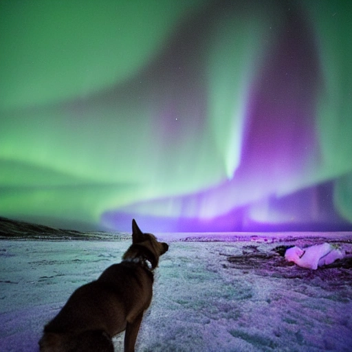 A dog stands amidst a misty, Arctic night. Aurora borealis glimmers in the distance, as the dog licks at the bloody wounds on its paws, with a dead fish lying at its feet. Its fur is a rich shade of brown with a stark white brow. The scene invokes a sense of eerie wildness, where danger and beauty coexist in equal measure.