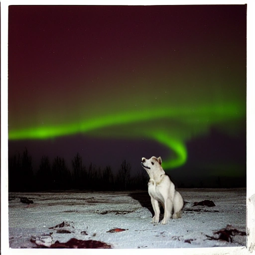 A dog stands amidst a misty, Arctic night. Aurora borealis glimmers in the distance, as the dog licks at the bloody wounds on its paws, with a dead fish lying at its feet. Its fur is a rich shade of brown with a stark white brow. The scene invokes a sense of eerie wildness, where danger and beauty coexist in equal measure.